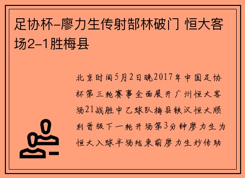 足协杯-廖力生传射郜林破门 恒大客场2-1胜梅县