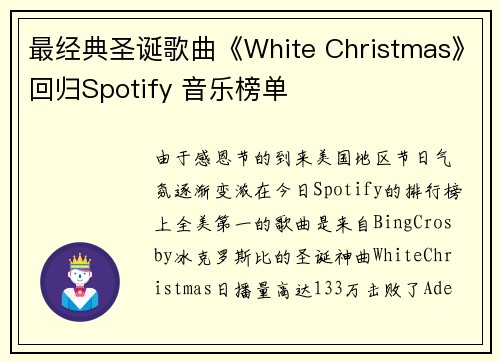 最经典圣诞歌曲《White Christmas》回归Spotify 音乐榜单
